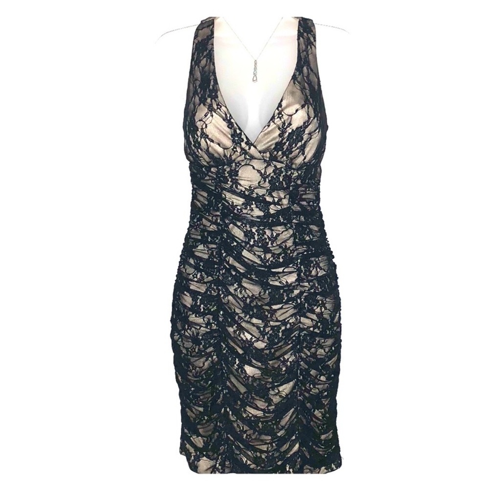 Y2K Windsor Speechless Black Ruched Lace Overlay Nude Illusion Open Back Dress M
